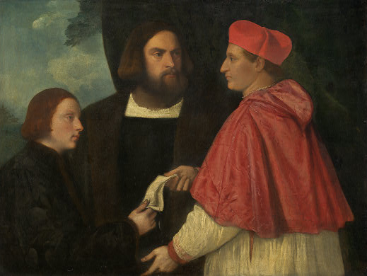 Girolamo and Cardinal Carco Corner Investing Marco Abbot of Carrara ca. 1520 Titian National Gallery DC